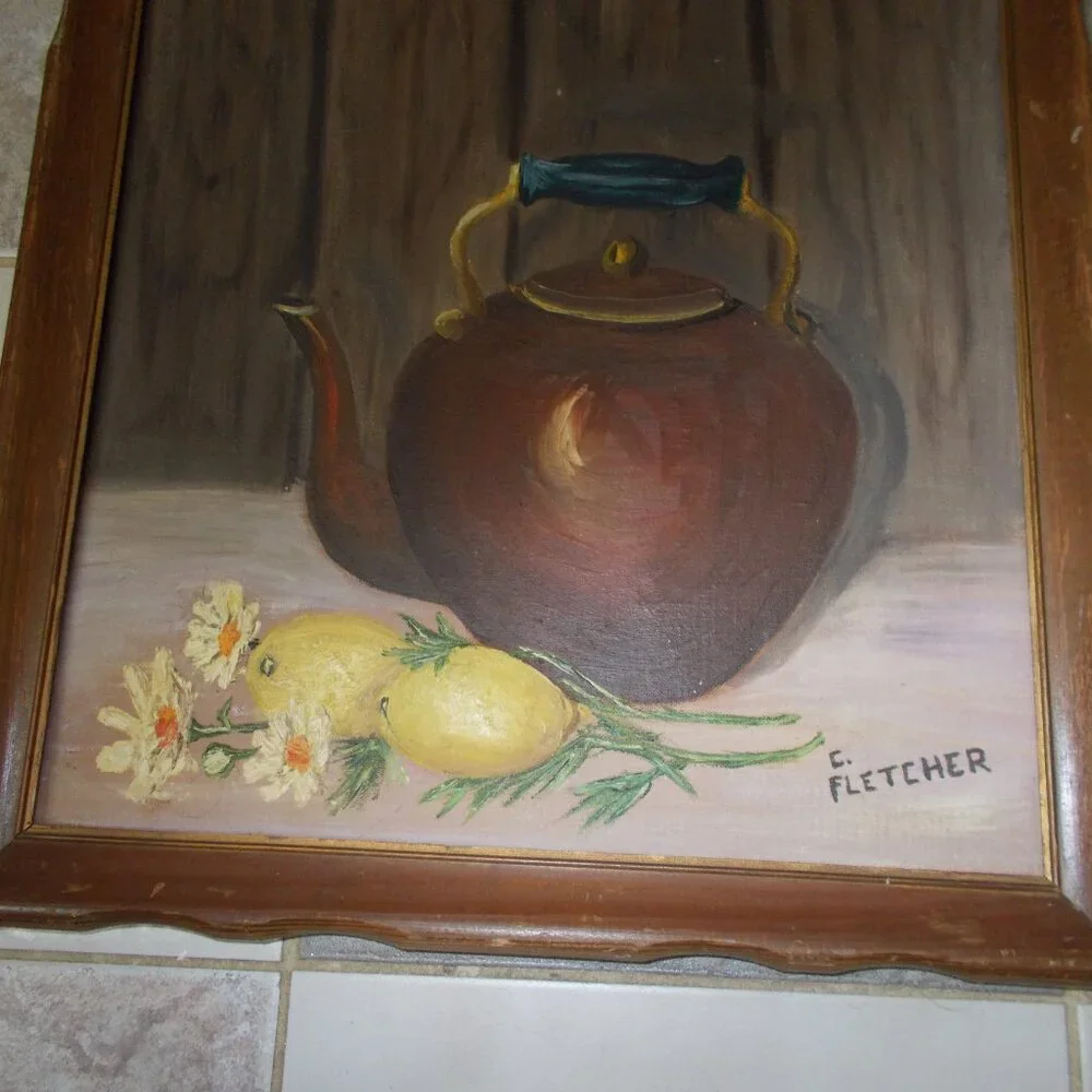 Vintage tea kettle and lemons, signed and framed - Picture 4 of 6